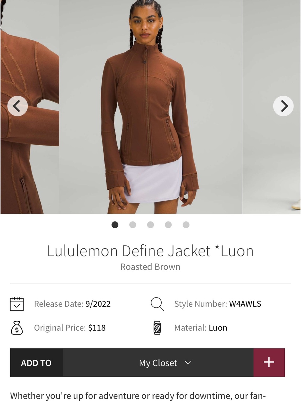 Woman’s size 4 Lululemon Define Bomber Jacket in Roasted Brown